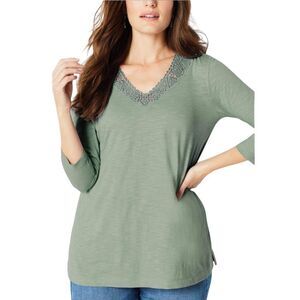 J Jill Women Size XL Shirt 3/4 Sleeve Tunic Top Green Crochet Trim V Neck Casual